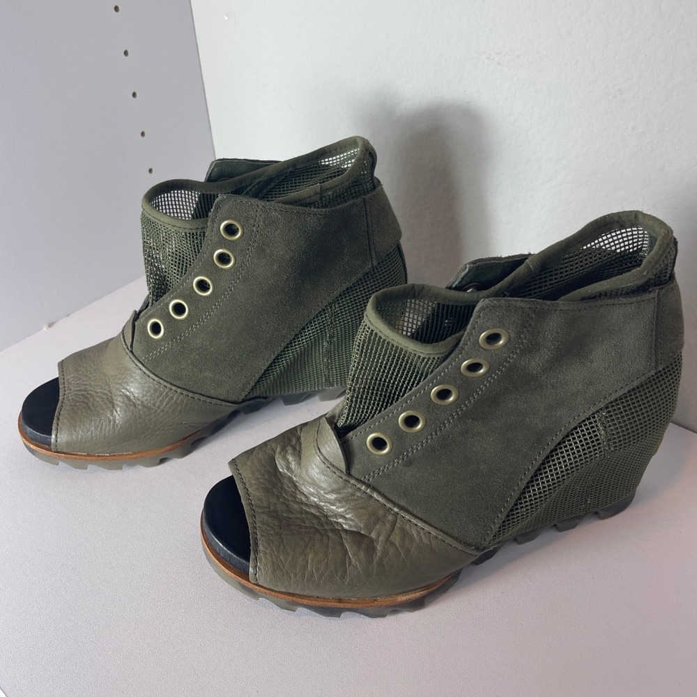 Sorel Joanie Mesh Peep Toe Wedge Sandals Olive Green Leather Womens 9.5 - Picture 3 of 9